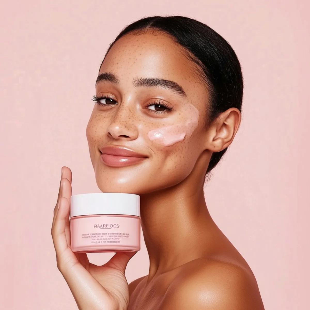 A woman holding a jar of cream in front of her face.