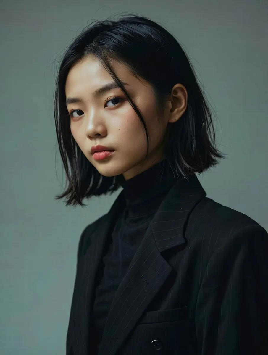 A woman in a black suit posing for a picture.